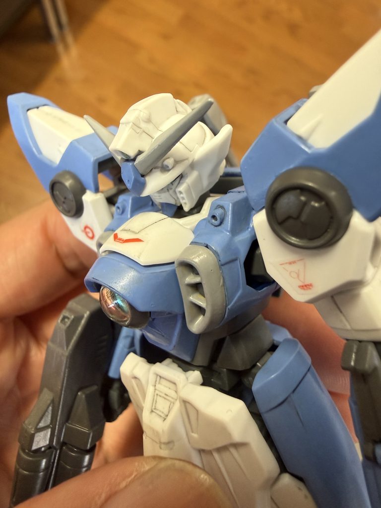 Close-up of my finished Gunpla showing small imperfections