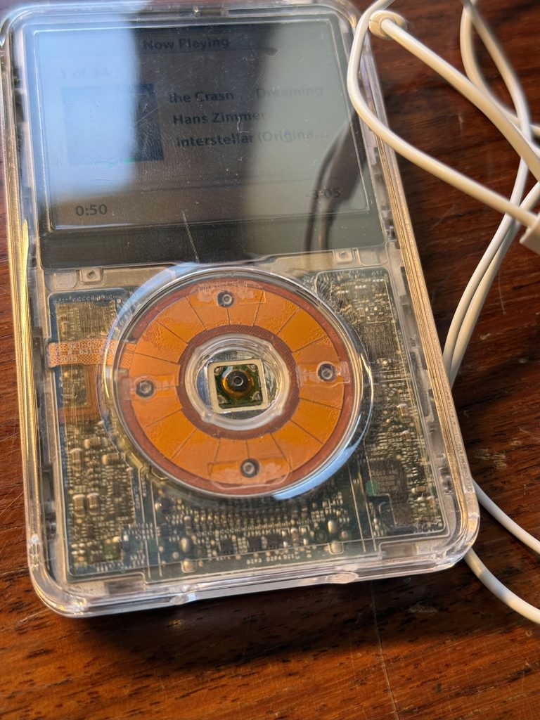 Clear front panel on a customized iPod Classic 5th generation